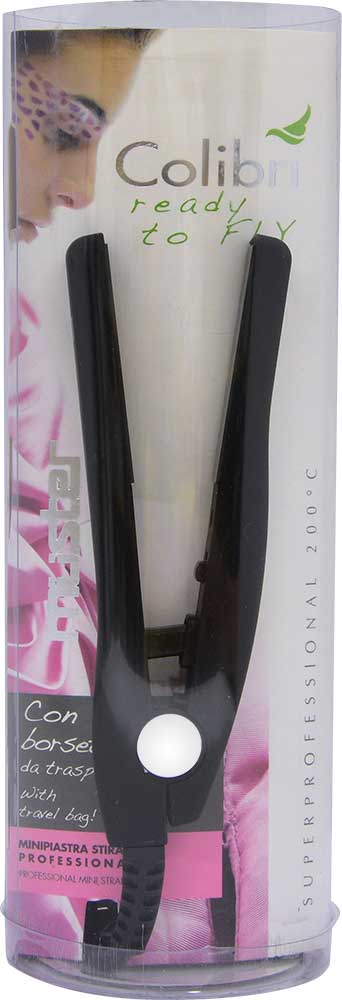 Mini piastra stirante Colibrì Muster con borsetta da trasporto (200°C, ideale per uomo)